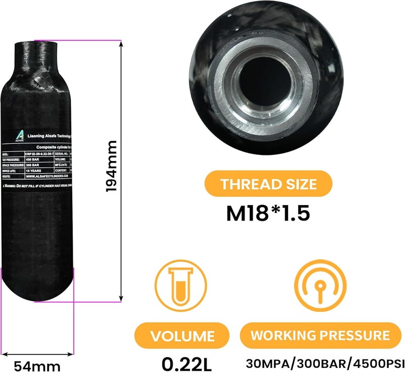 TUXING 4500Psi 13Cu in 220cc 0.22L Carbon Fiber Gas Cylinder, HPA Tank, Paintball Hunting PCP Air Rifle Gun Daystate and FX Thread M18*1.5 - Image 1